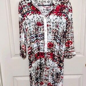 Womens Size M Rayon Floral Batik  Boho Hippie Drawstring Button Peasant Dress